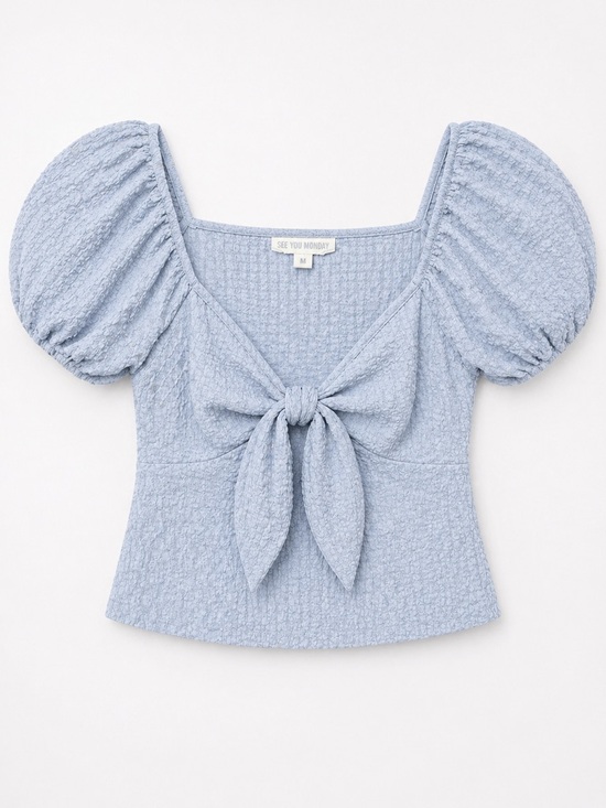 See You Monday Tops - See You Monday Powder Blue Puff-Sleeve Tie-Front Crop Top (226)